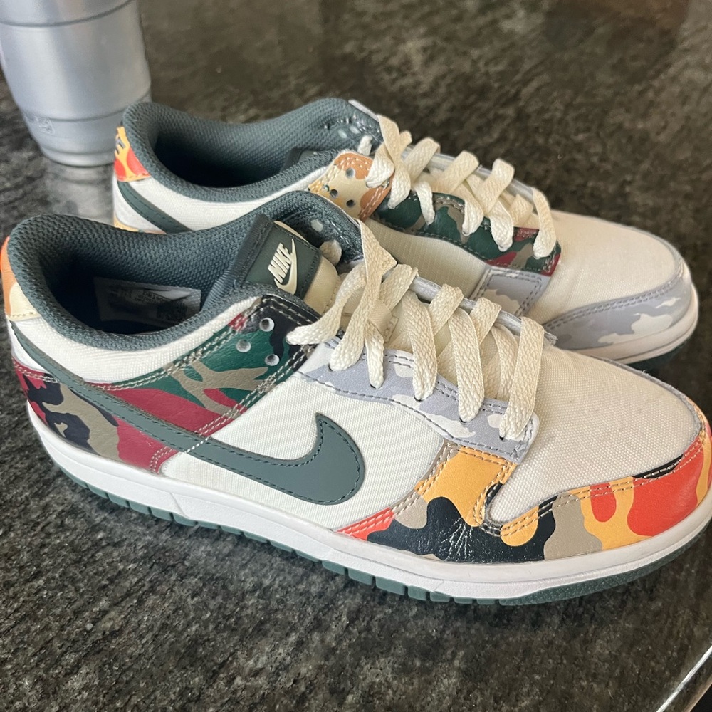 Nike Dunk low GS-Sail multi Camouflage Sneakers with Green and Orange Accents